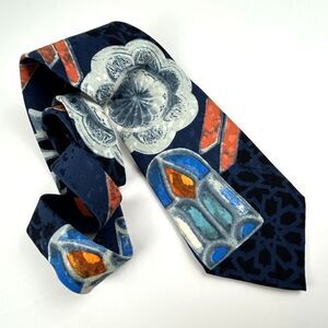 Hubert Milano Italy Blue Orange Graphic Silk Neck Tie
